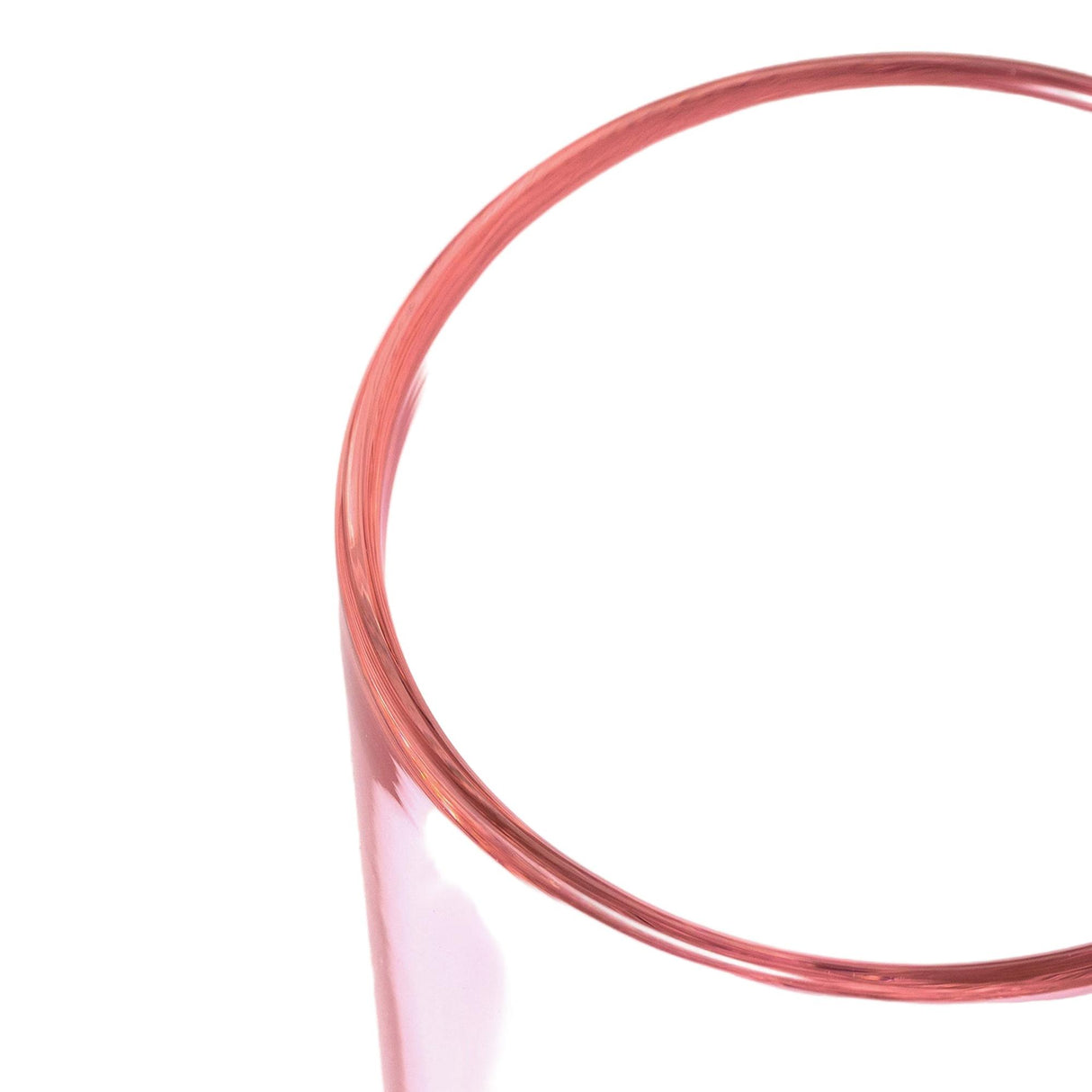 Close-up of the Vesper Gravity Bong's translucent pink rim, showcasing its elegant borosilicate glass design and modern craftsmanship against a white background.