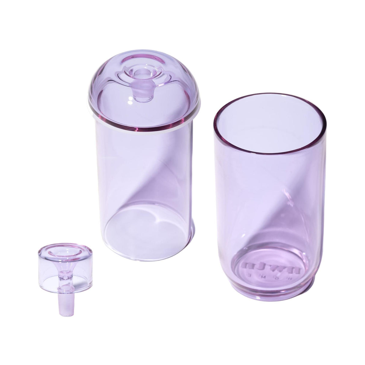 Vesper Gravity Bong set: tall cylinder with lid, lid removed in front, and open cylinder; all translucent and elegantly designed for smooth, effortless smoking.