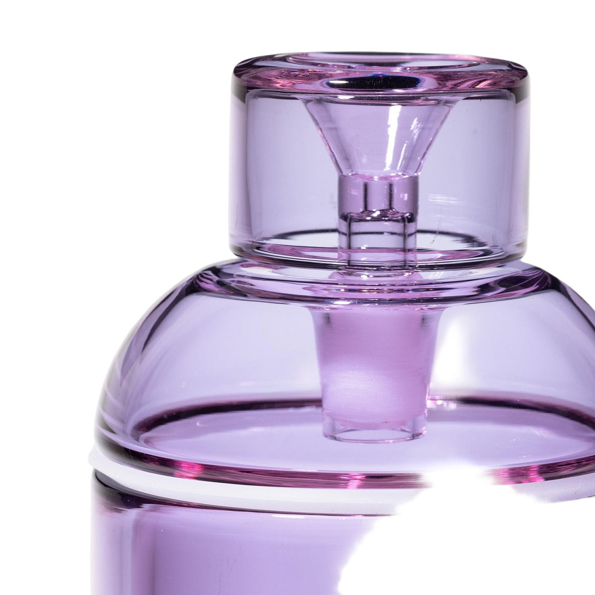 Vesper Gravity Bong: Close-up of a purple-tinted glass vessel with a matching stopper, showcasing the neck and funnel-shaped inner stopper, highlighting its elegant, vintage-inspired design.