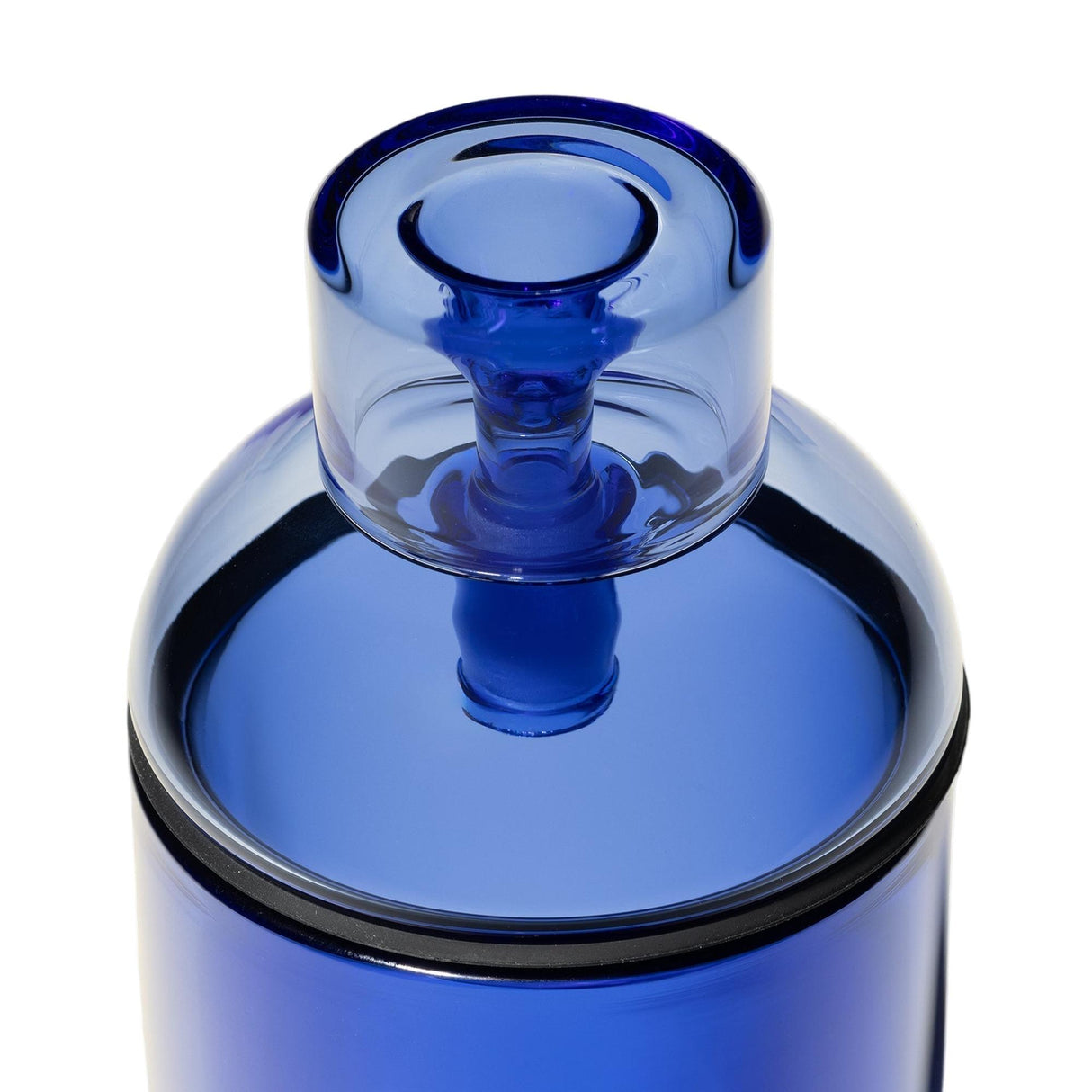 Close-up of Vesper Gravity Bong's cobalt-blue glass top with stopper, showcasing its sleek design and precision-engineered gravity function for smooth pulls.