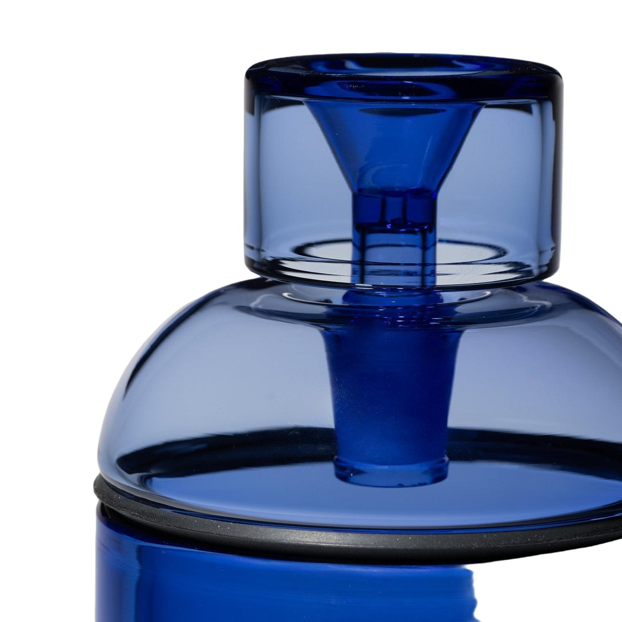 Vesper Gravity Bong's blue-tinted glass mouth with black rubber seal and inner funnel-shaped stem, showcasing its elegant, gravity-powered design for smooth, effortless pulls.