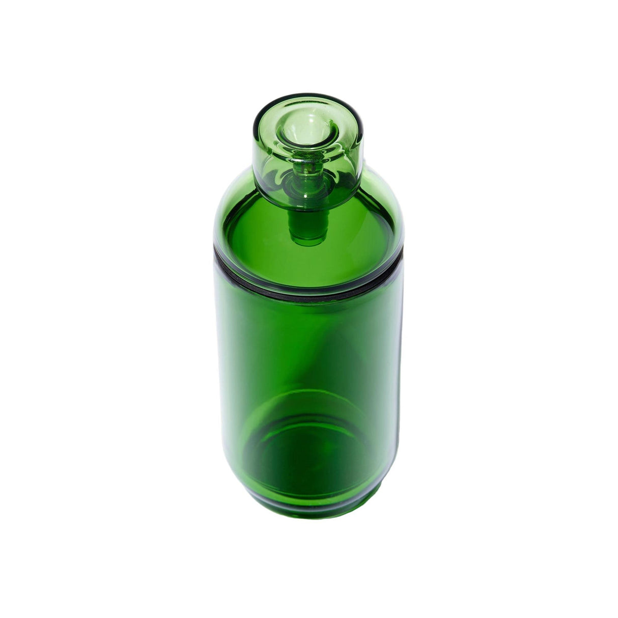 Vesper Gravity Bong: A small, translucent green-tinted bong showcasing a premium borosilicate glass design with a cylindrical reservoir, removable top, and bowl/down-stem assembly.