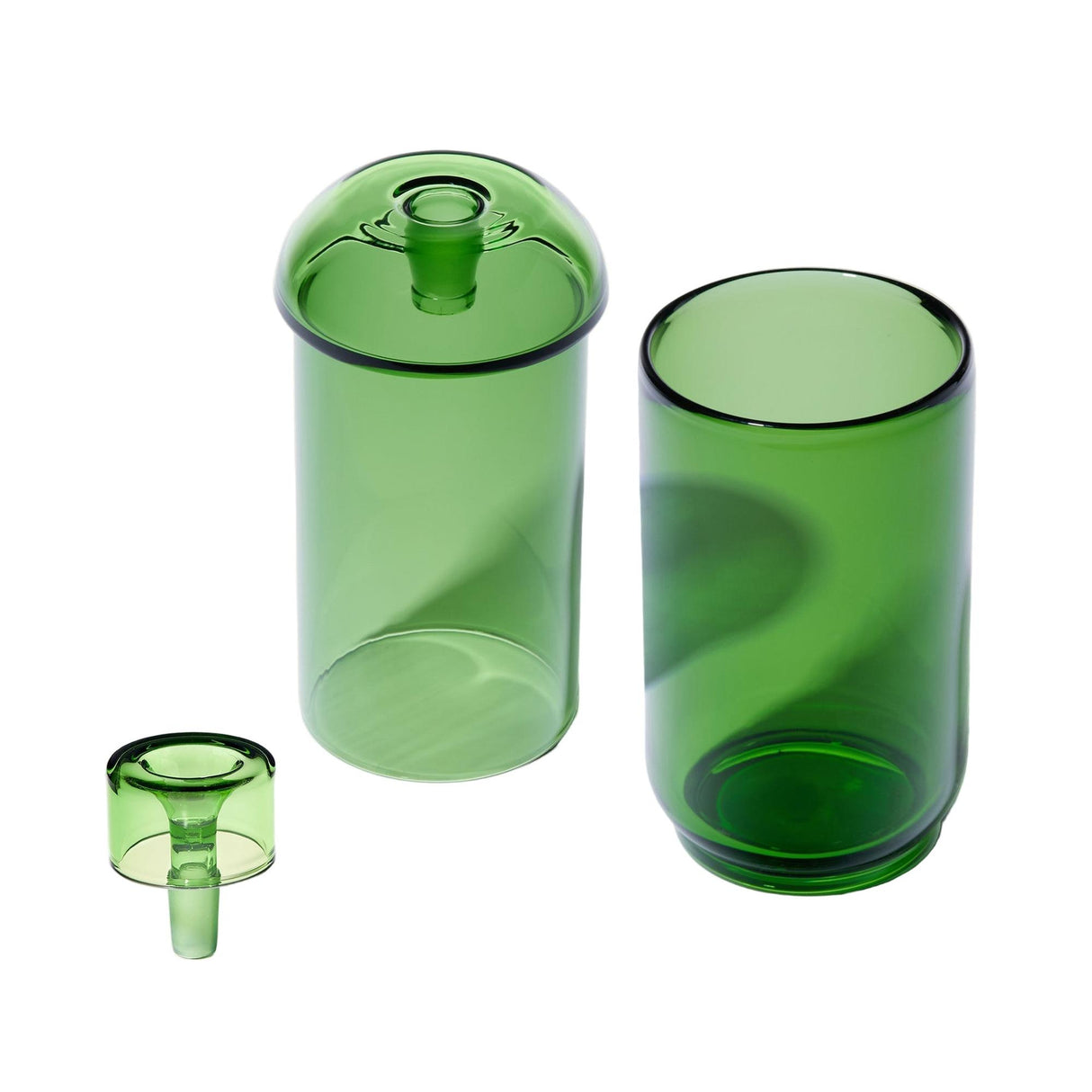 Vesper Gravity Bong: Modular set with tall vessel, domed-lid cylinder, and stopper. Crafted from translucent green glass, showcasing timeless design and effortless gravity-powered functionality.