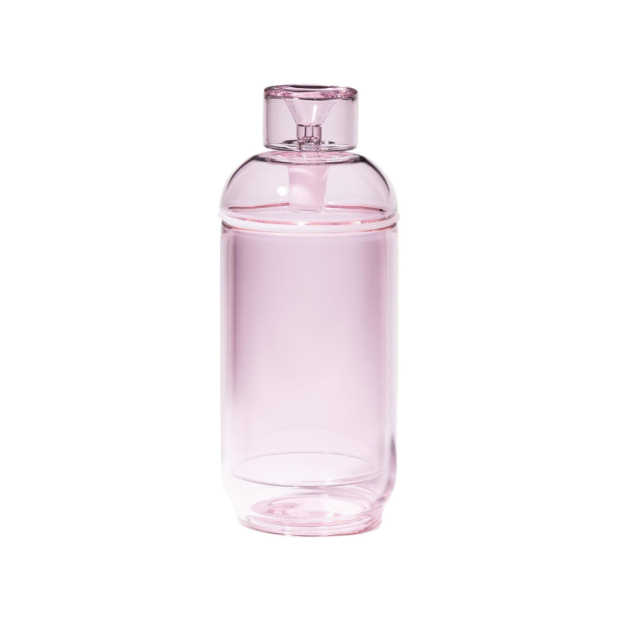 Vesper Gravity Bong: A tall, cylindrical container of translucent pink material, sleek design, screw-on cap, crafted from premium borosilicate glass for effortless, smooth pulls.