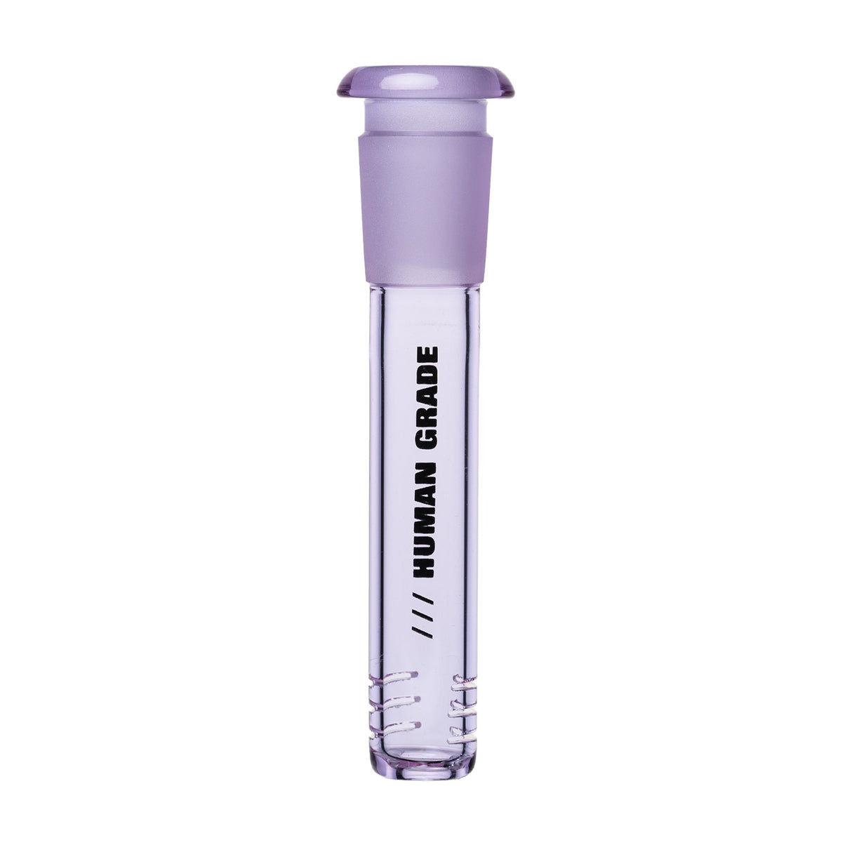 Lavender-tinted borosilicate glass slide stamped HUMAN GRADE, a 14mm precision-fit bowl for water pipes, compatible with standard 14mm female joints.