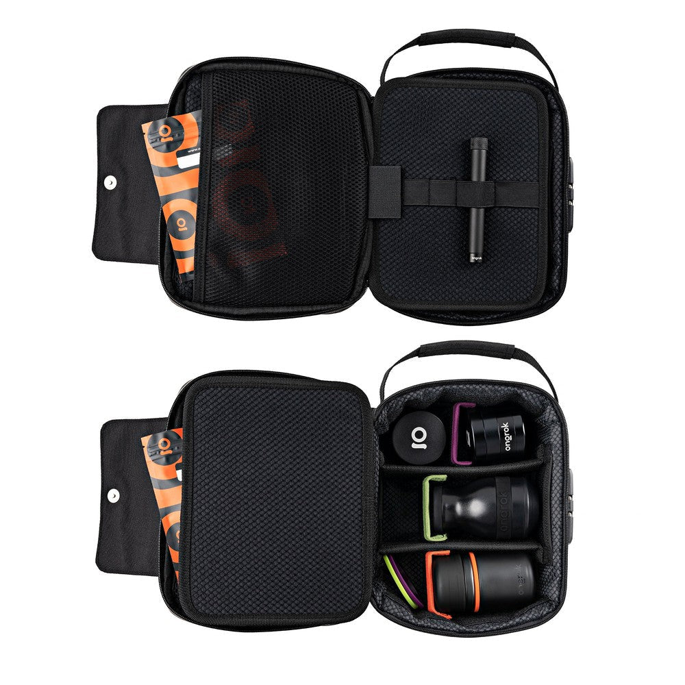 Open Large Smell Proof Case with Combo Lock showing mesh pocket, slim tool, and organized cylindrical lenses in a padded travel case.