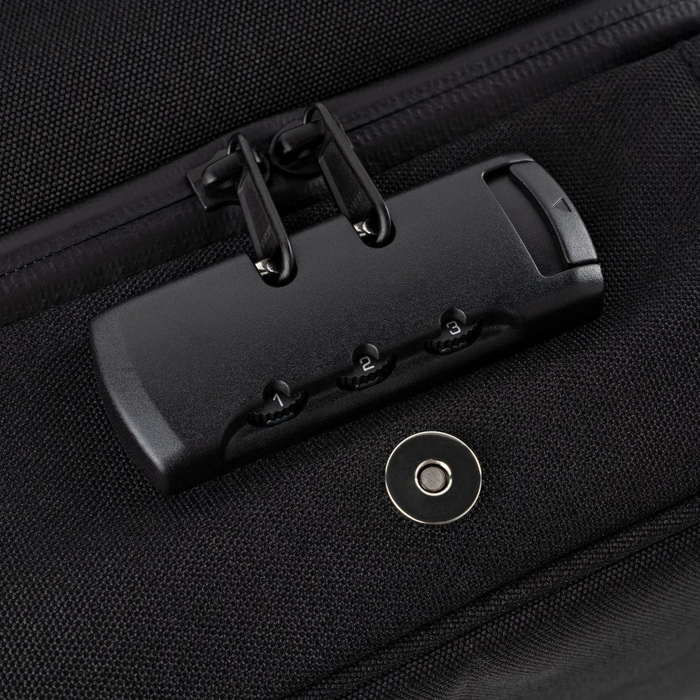 Large Smell Proof Case with Combo Lock features a built-in three-digit lock securing zipper sliders, with a magnetic closure visible on its black fabric surface.