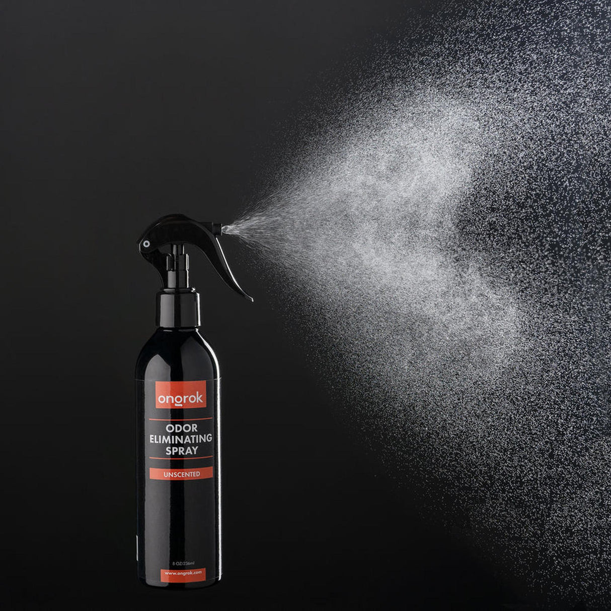 Odor Eliminating Spray - Unscented - 8oz in black spray bottle with red label, black cap, designed to neutralize odors on fabrics and surfaces.