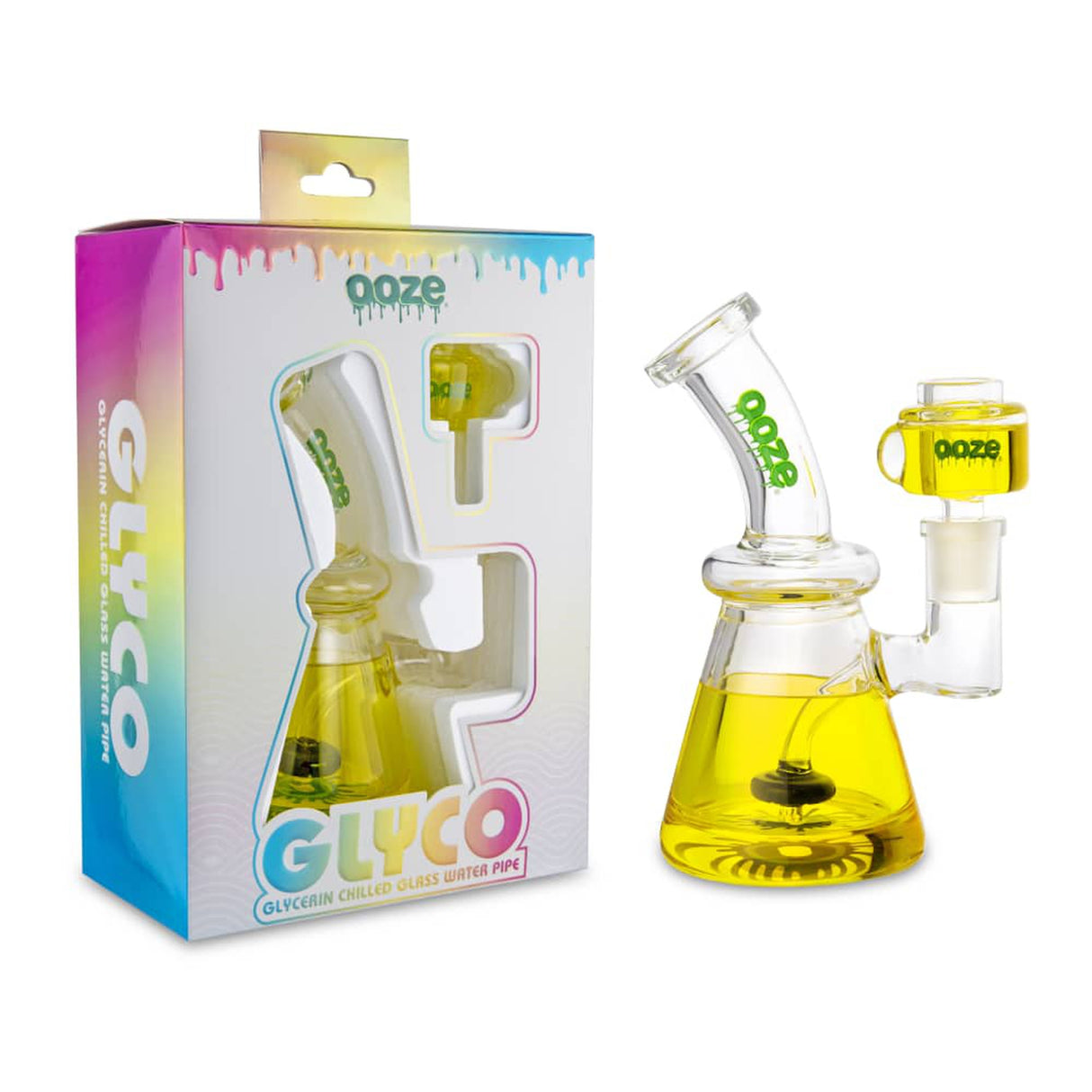 6.5 Glyco Freeze Bong, a glass bong filled with yellow glycerin, featuring a glass percolator and 14mm glycerin-filled bowl, designed for smooth, cool hits.