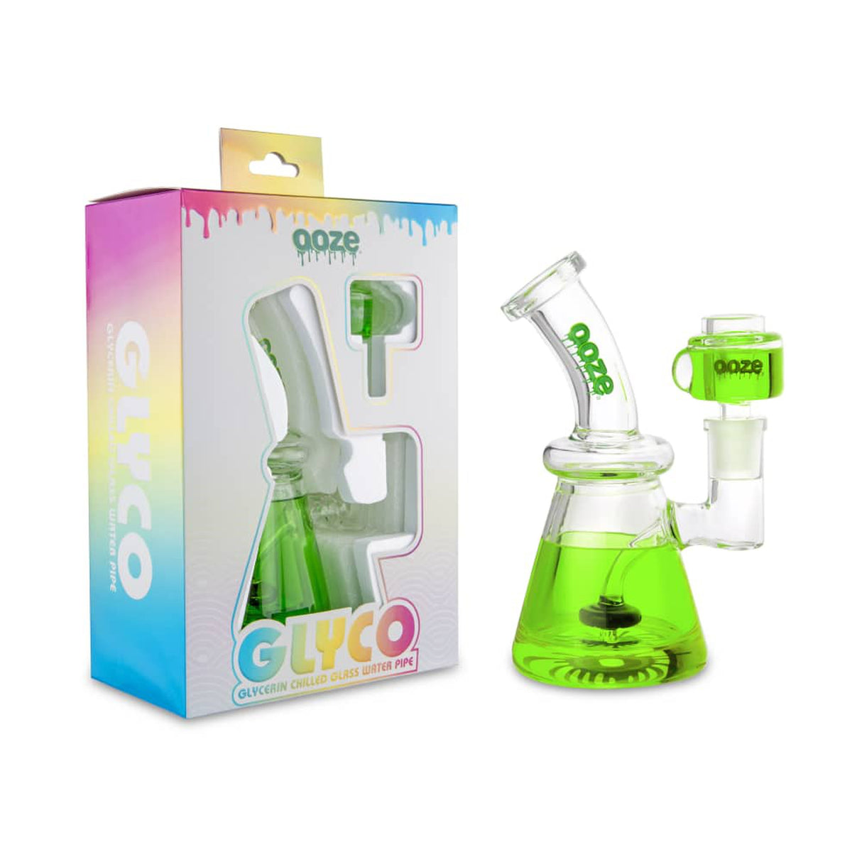 6.5 Glyco Freeze Bong with green glycerin inside, features a borosilicate glass build, percolator, and 14mm glycerin-filled bowl for smooth hits.