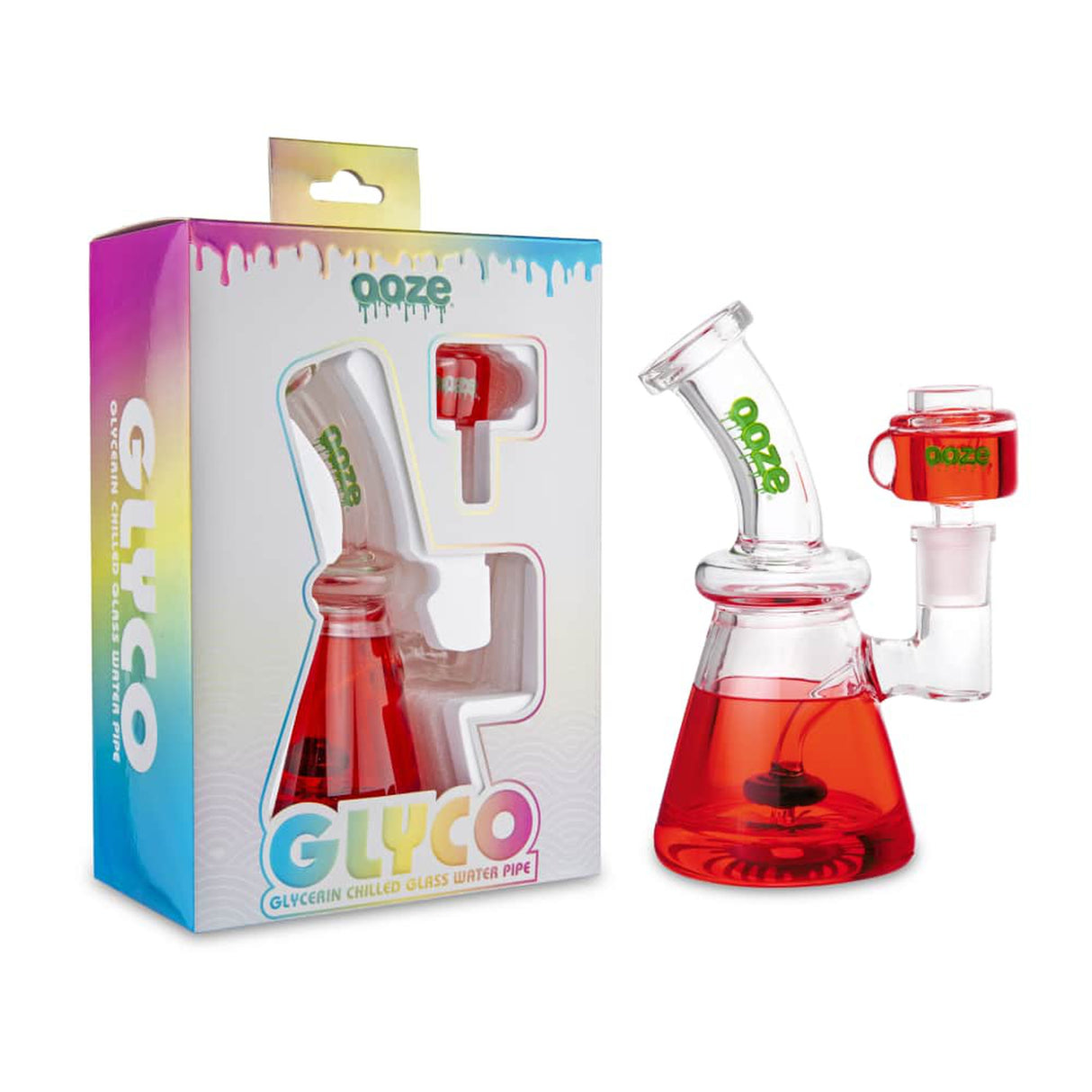 6.5 Glyco Freeze Bong with red glycerin visible inside, made of borosilicate glass, featuring a glass percolator and 14mm glycerin-filled bowl.