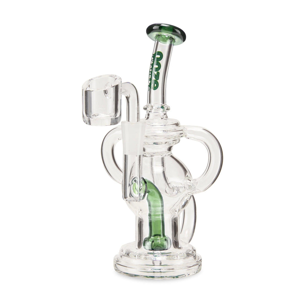 Flood Mini Recycler Dab Rig with green tube and handle, featuring a compact design for enhanced flavor and smooth hits through its intricate recycler system.