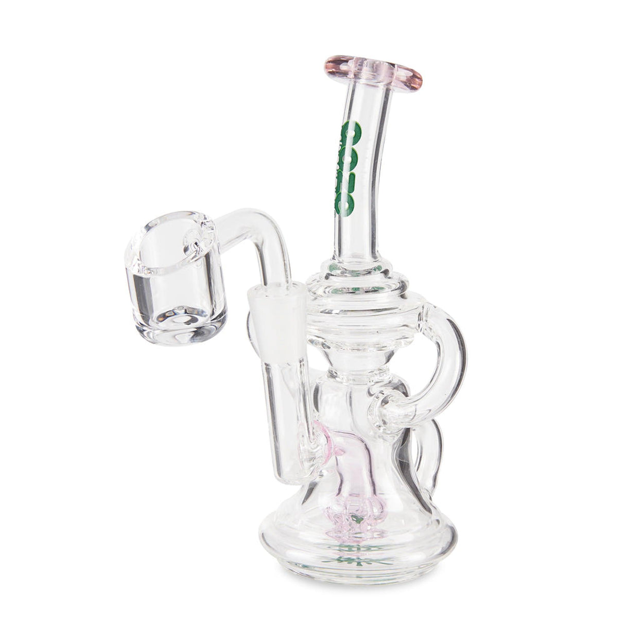 Surge Mini Recycler Dab Rig showcasing a glass body with ergonomic pink and green handle, designed for smooth hits and enhanced terpene flavor through its recycler system.