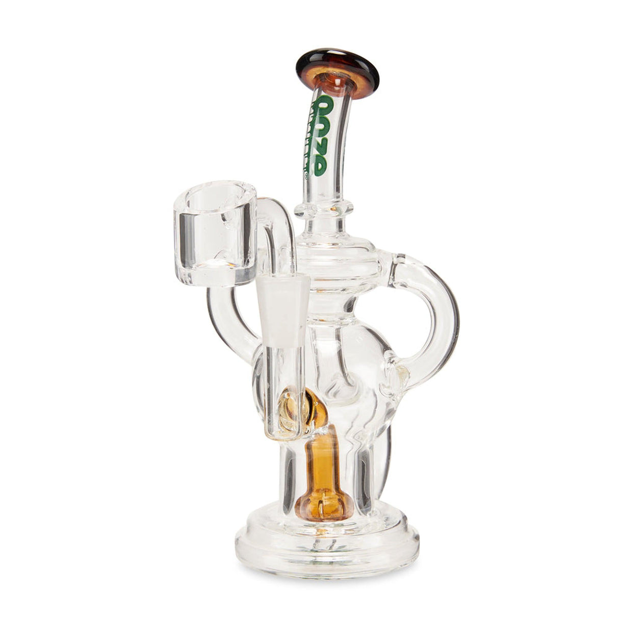 Swell Mini Recycler Dab Rig with glass loop handle, transparent body, and intricate recycling system for flavor preservation and smooth vapor filtration.