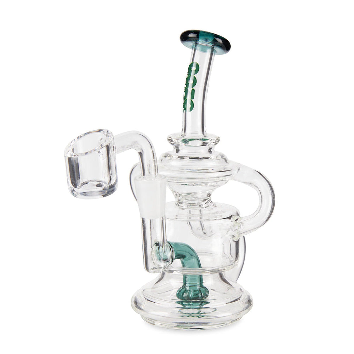 Ooze Undertow Mini Recycler Dab Rig - Midnight Wave features a glass bong with a green handle, designed for smooth hits with a recycler system.
