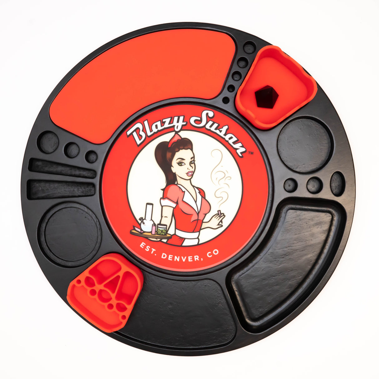 Spinning Rolling Tray with a black metal frame, red silicone inserts, and compartments for organizing herbs, featuring a rotating base and Blazy Susan logo at the center.