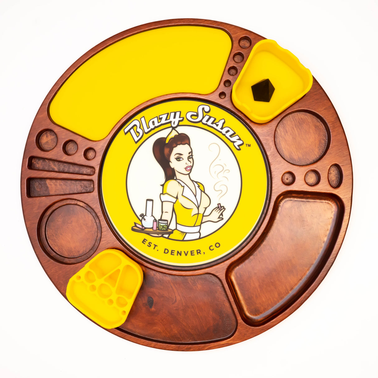 Blazy Susan Spinning Rolling Tray: Round wood-grain tray with multi-compartments, silicone liners, and retro waitress logo, featuring a rotating base for easy access.