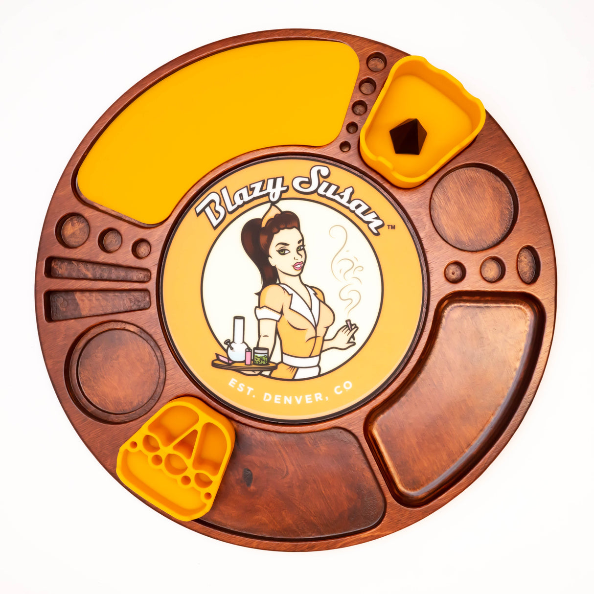 Spinning Rolling Tray: Round wooden tray with carved sections and a central rotating disc featuring the Blazy Susan logo, ideal for organizing smoking accessories.