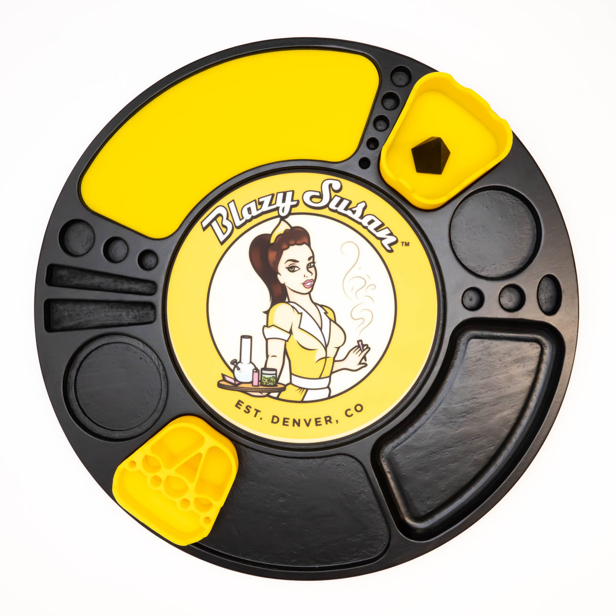 Spinning Rolling Tray with black base and yellow silicone inserts, featuring Blazy Susan logo at center. Multiple compartments for organizing smoking accessories.