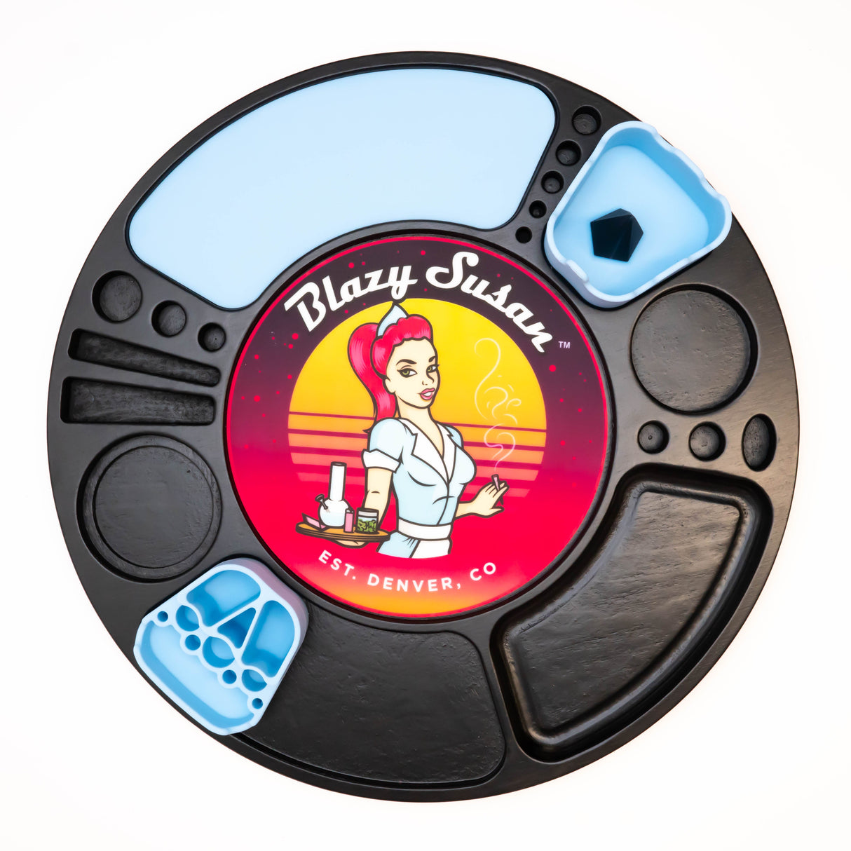 Blazy Susan Spinning Rolling Tray with black turntable, recessed wells, light-blue silicone inserts, and a colorful central decal of a pin-up-style server.