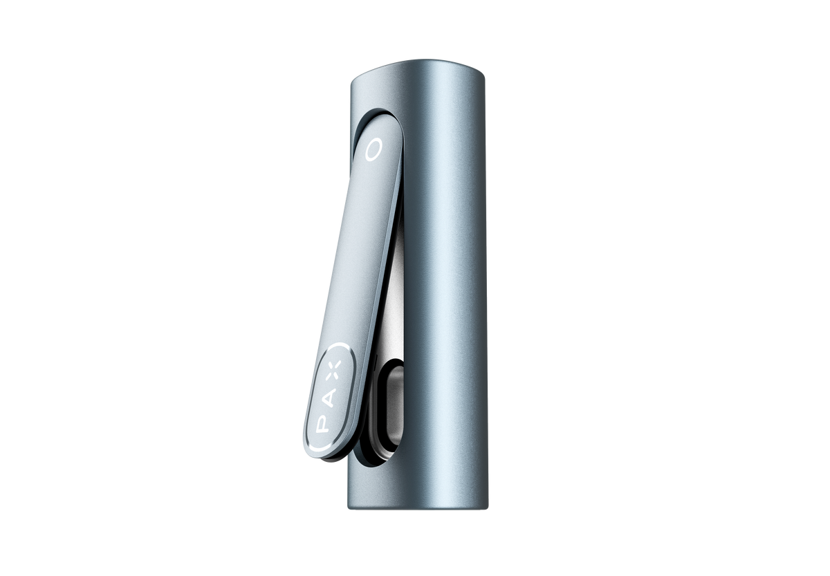 PAX FLOW Dry Herb Vaporizer, sleek silver-blue cylindrical design, featuring PAX logo on clip mouthpiece and circular power button, ideal for smooth, portable vaping.