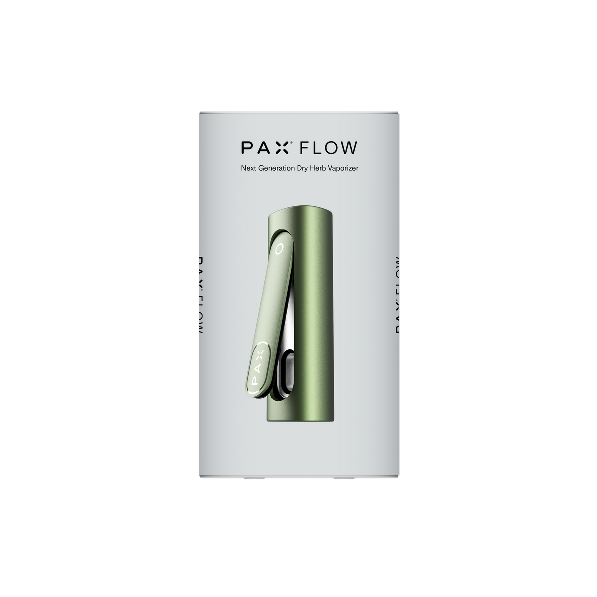 PAX FLOW retail packaging featuring the muted green vaporizer, logo, and tagline Next Generation Dry Herb Vaporizer, showcasing its advanced features and compact design.