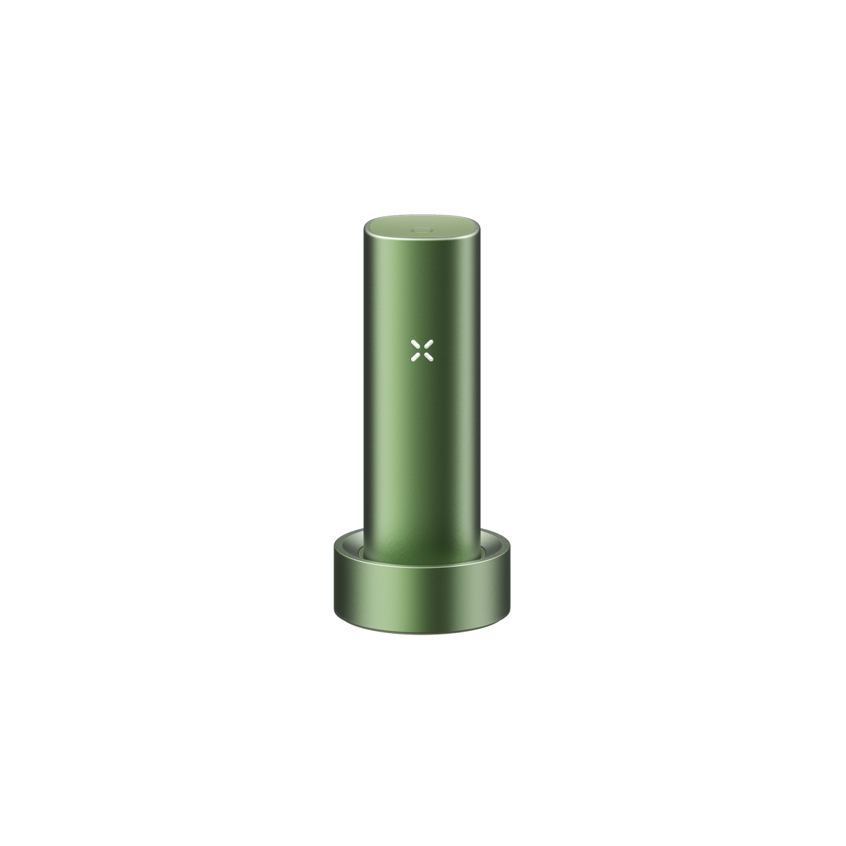PAX FLOW vaporizer in olive-green sits in its matching charging dock, showcasing its X LED indicator, epitomizing advanced dry herb vaping technology.