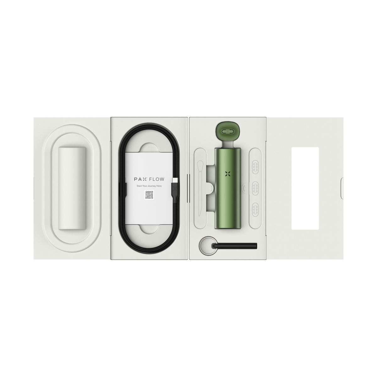 Pax Dry Herb Vaporizer in Greenstone color. Open white box with accessories