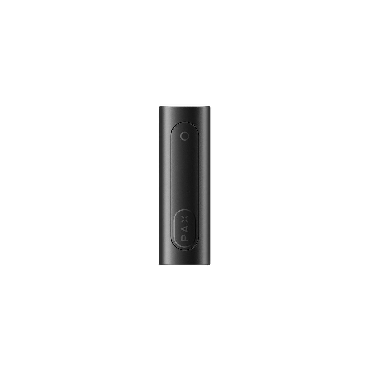 PAX FLOW black portable vaporizer battery with pill-shaped design, circular LED button, and oval logo button, highlighting advanced dry herb vaporization technology.