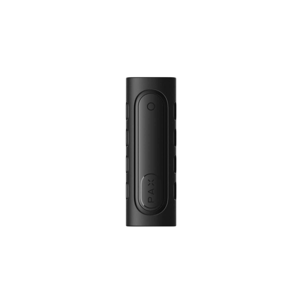 PAX FLOW Grip Sleeve - Onyx: Matte-black vaporizer with custom-fit silicone sleeve, enhancing grip and protection, featuring embossed PAX logo and circular LED/button on top.