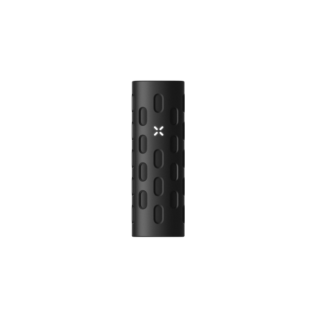 PAX FLOW Grip Sleeve - Onyx: Matte-black silicone sleeve with grid pattern and LED X, enhancing grip and protection for PAX FLOW devices.