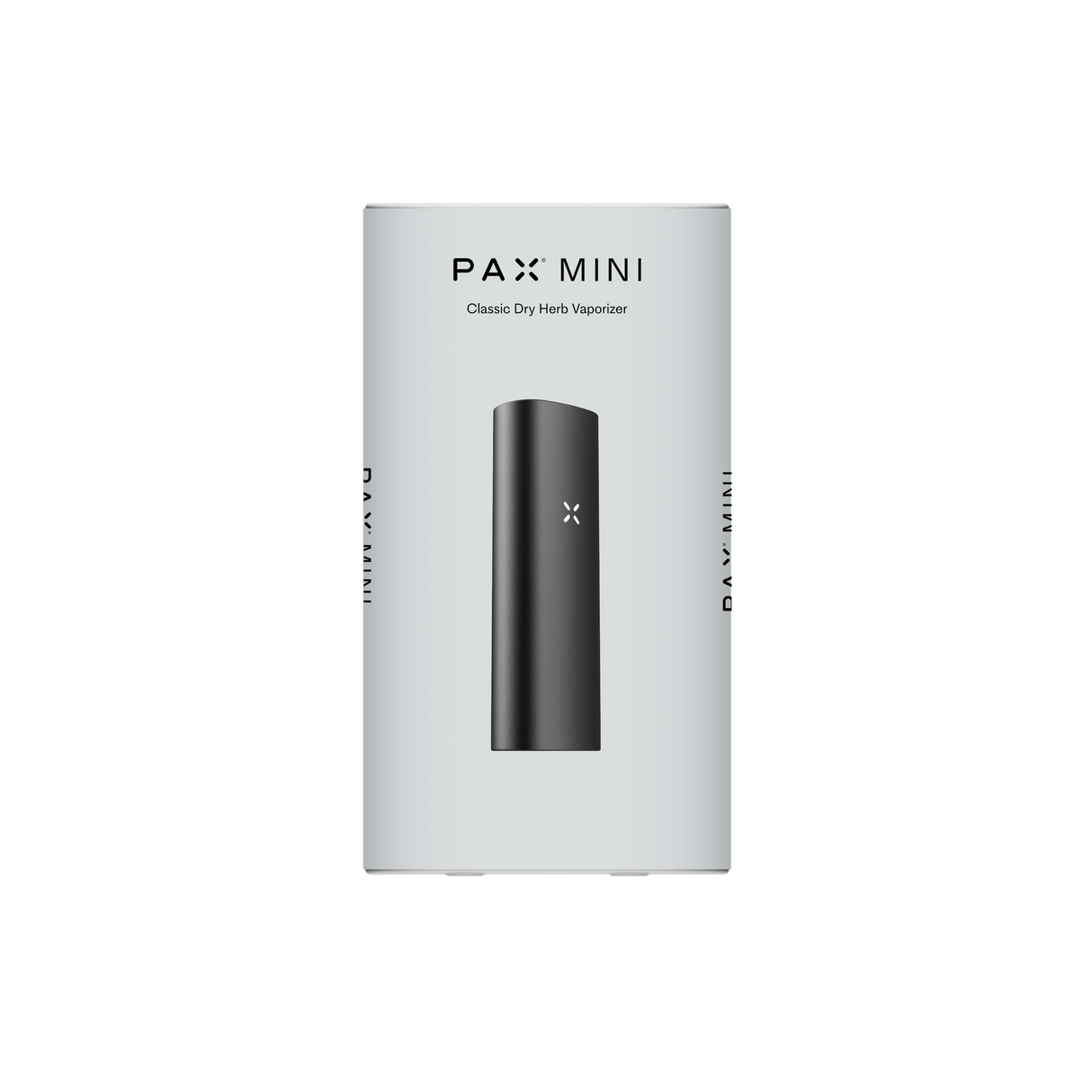 PAX Mini Classic Dry Herb Vaporizer packaging displaying a compact, matte-black device with illuminated logo, highlighting portability and advanced heat control for smooth, flavorful sessions.