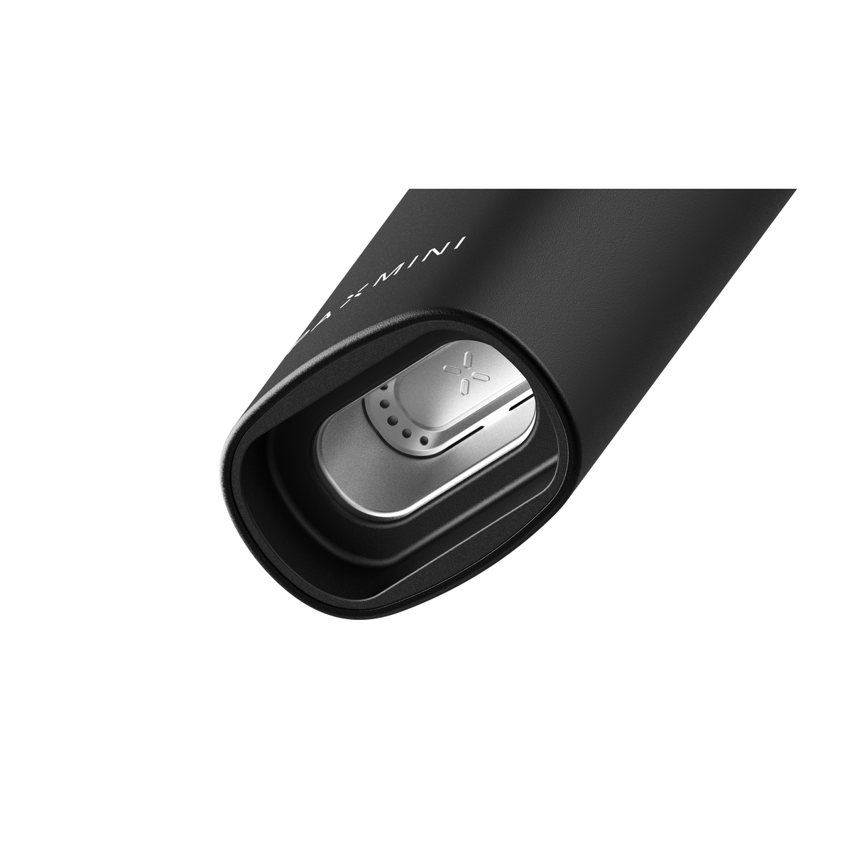 Close-up of PAX Mini vaporizer showing the exposed stainless-steel heating chamber and mouthpiece, highlighting its compact design and advanced features for smooth, flavorful sessions.