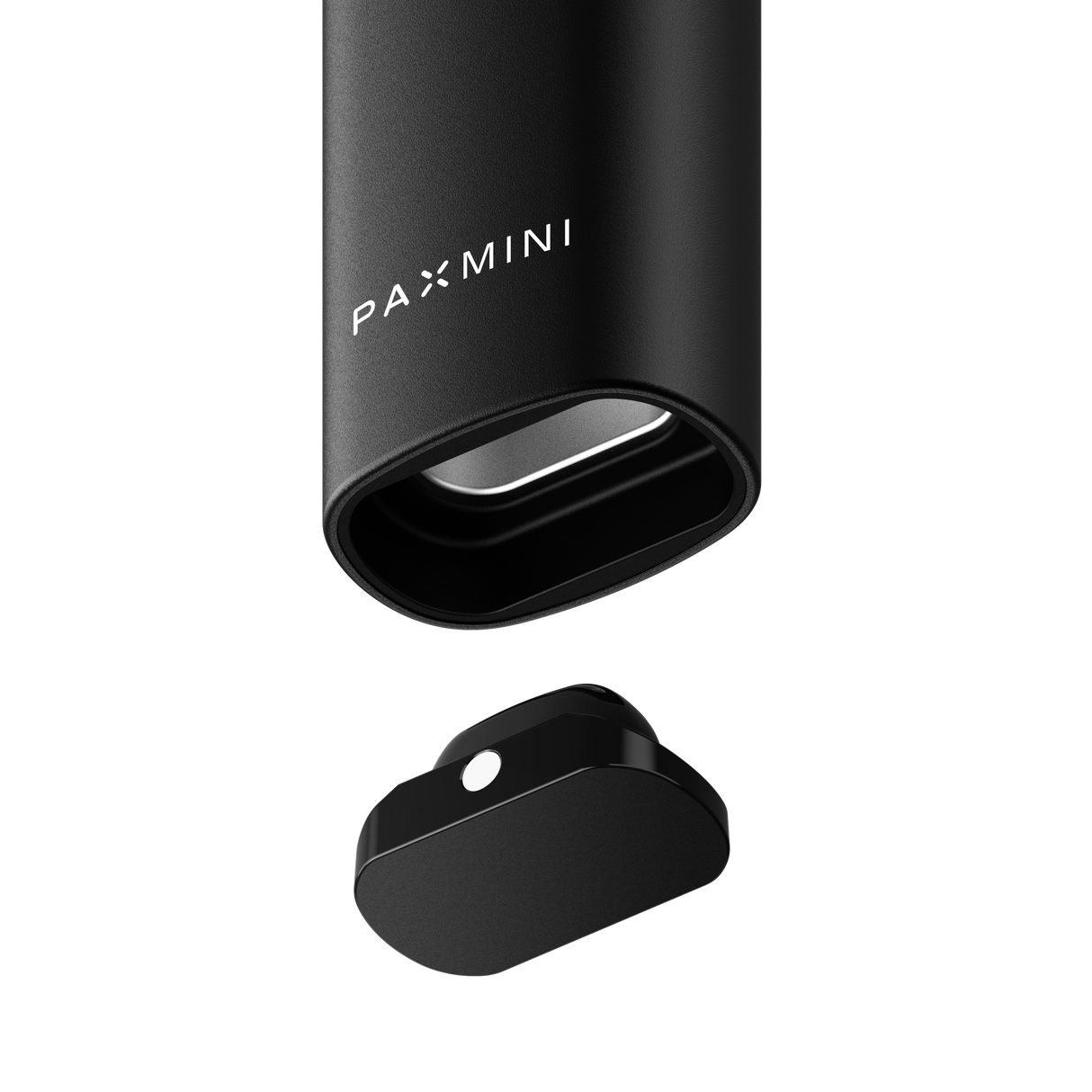 PAX Mini portable vaporizer, showing black aluminum body with logo, alongside detached magnetic mouthpiece/oven lid, highlighting compact design and intelligent heat control features.