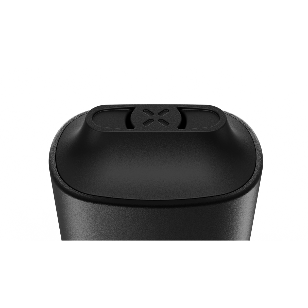Close-up of the PAX Mini, a matte-black, cylindrical dry herb vaporizer with a removable lid featuring an X-pattern vent, designed for portable, flavorful sessions.