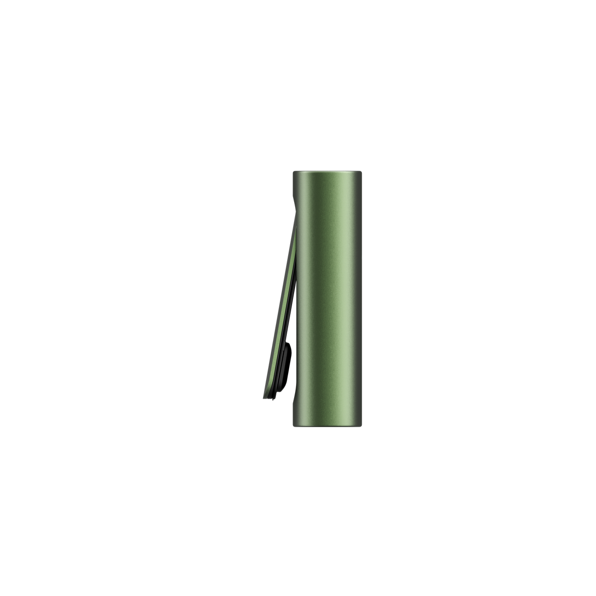 PAX FLOW vaporizer, olive-green anodized aluminum cylinder with black pocket clip, showcasing its sleek, portable design for dry herb use.