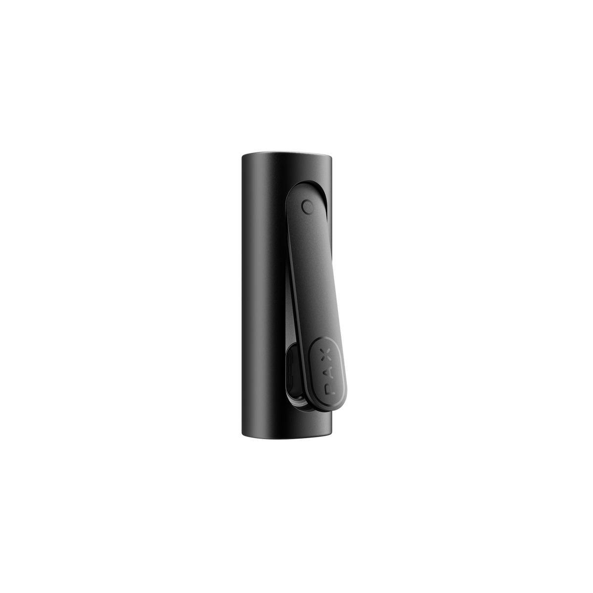 PAX FLOW Dry Herb Vaporizer, black cylindrical design with folding clip, showcases sleek portability and advanced features for smooth, powerful draws.