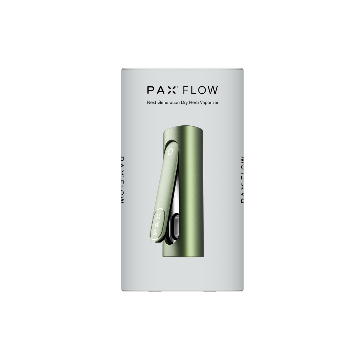 PAX FLOW retail packaging featuring the muted green vaporizer, logo, and tagline Next Generation Dry Herb Vaporizer, showcasing its advanced features and compact design.