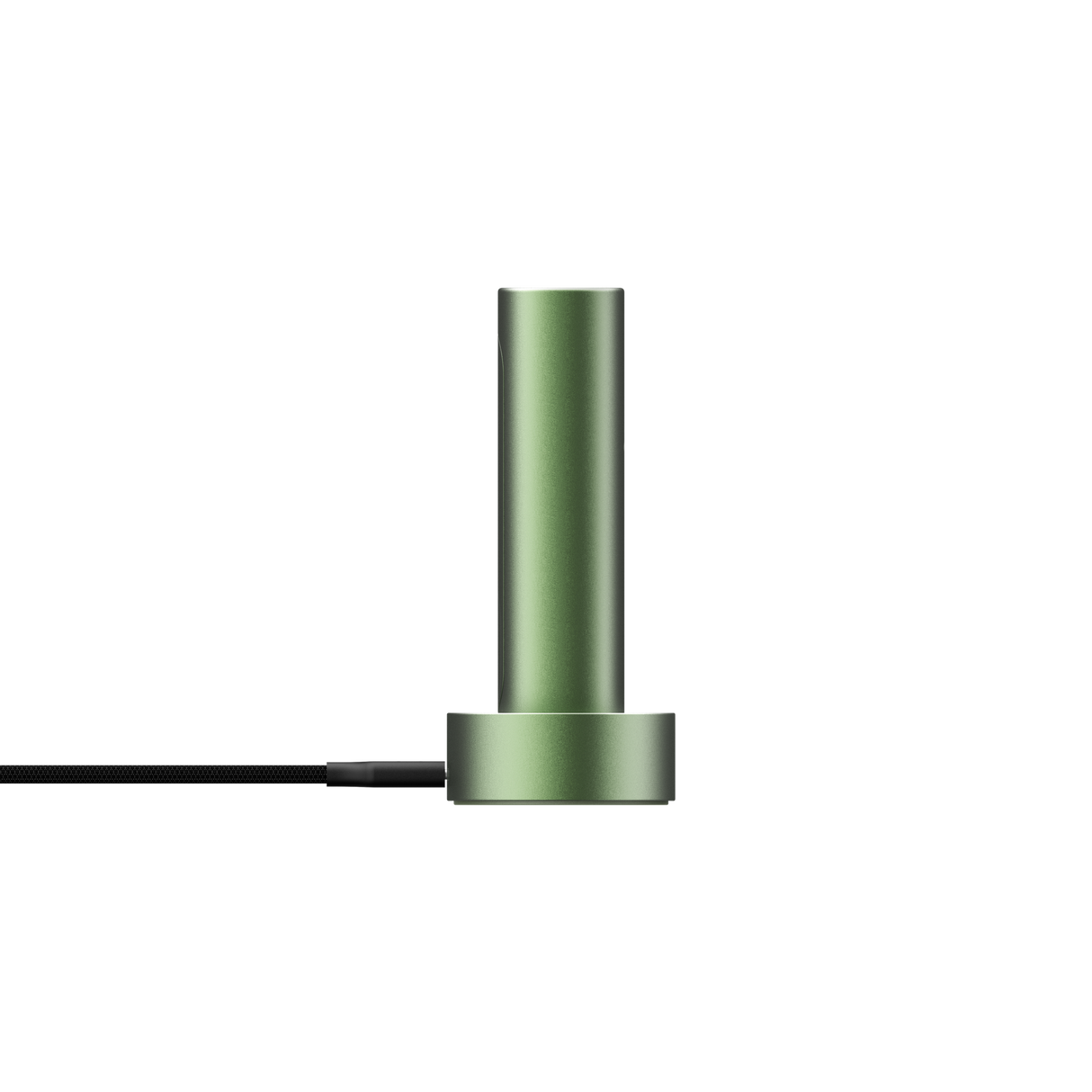 PAX FLOW vaporizer, a matte-green metal cylinder on a round base with a black braided power cable, showcasing its sleek, portable design.