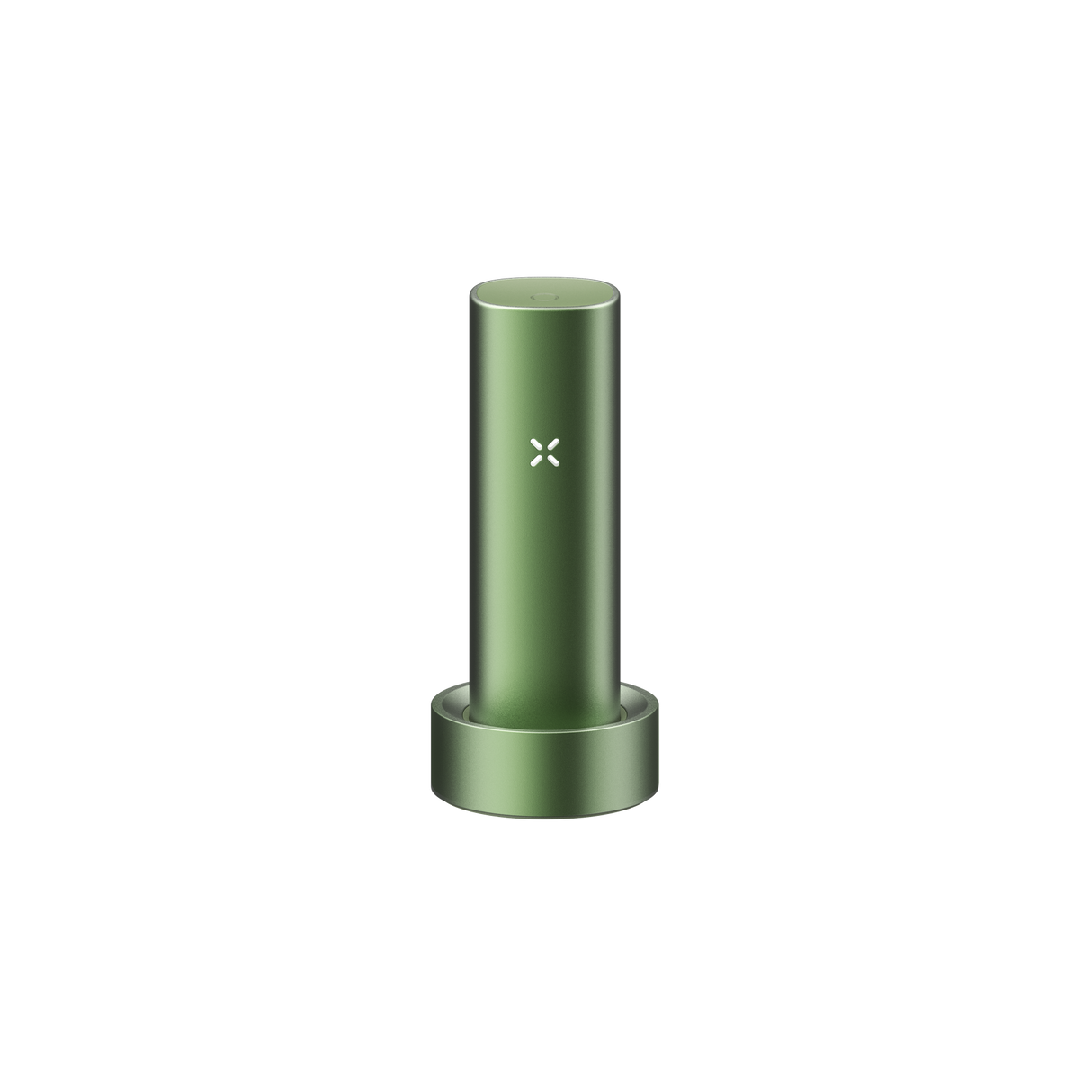 PAX FLOW vaporizer in olive-green sits in its matching charging dock, showcasing its X LED indicator, epitomizing advanced dry herb vaping technology.