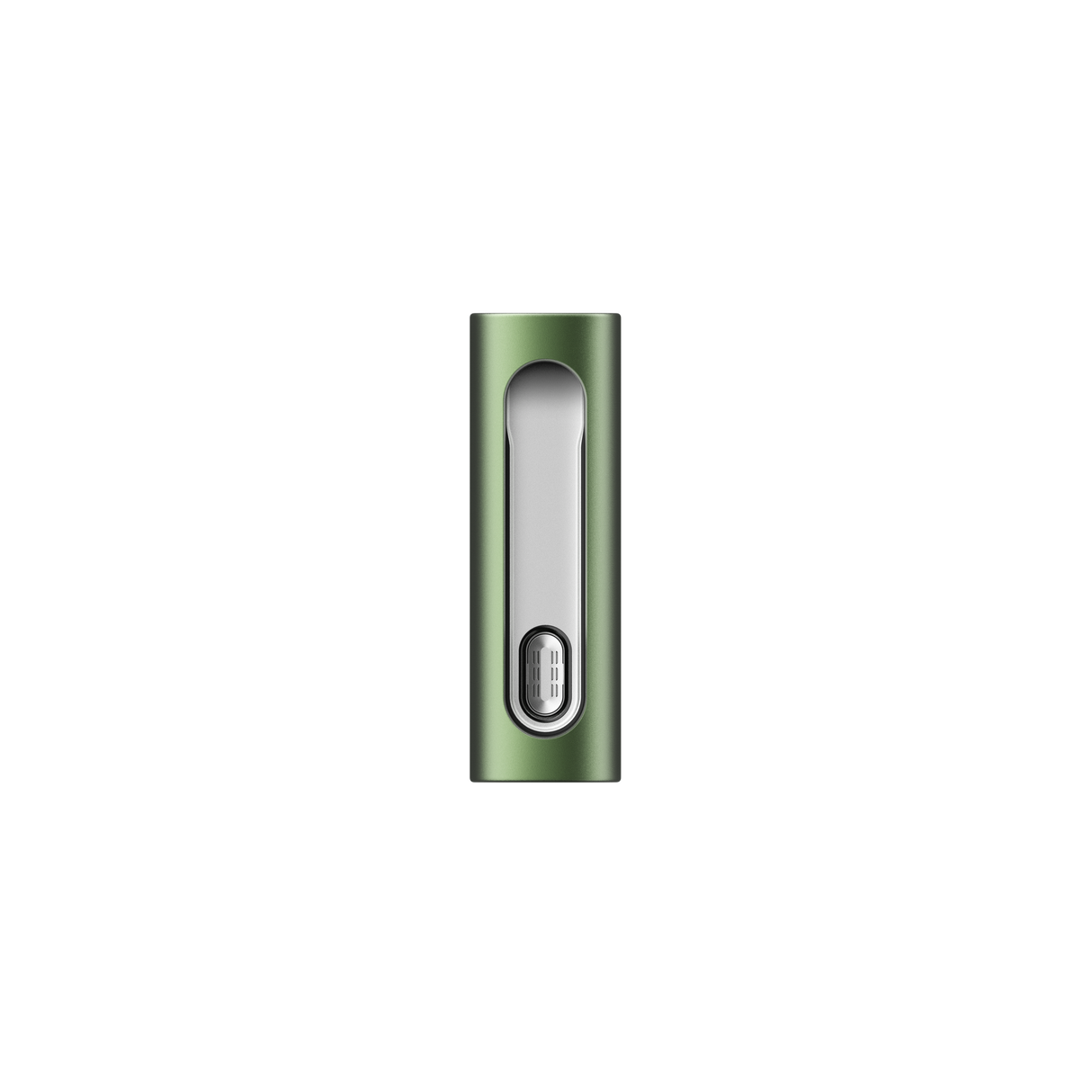 PAX FLOW: Compact, green anodized-aluminum dry herb vaporizer with a recessed silver face and USB-C-like connector at the base for charging.