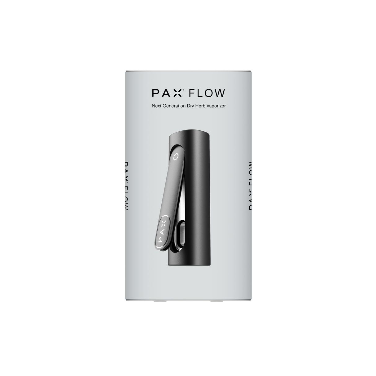 PAX FLOW retail packaging featuring the sleek black vaporizer with hinged mouthpiece, emphasizing its advanced design and next-generation dry herb vaporizing capability.