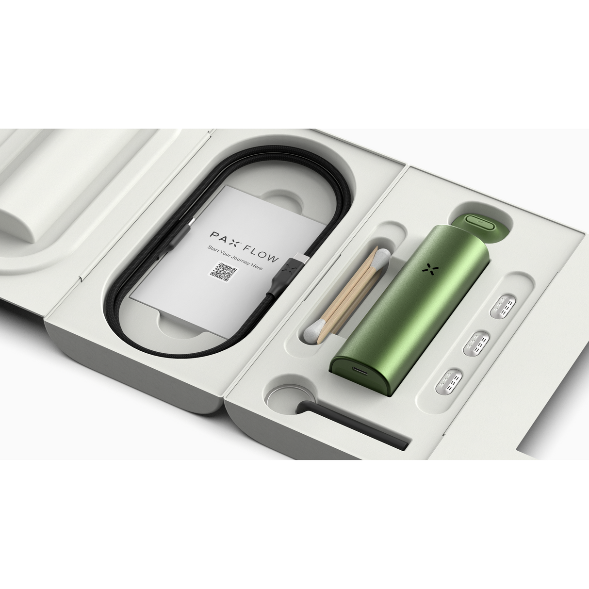 PAX FLOW Dry Herb Vaporizer kit includes vaporizer, three pods, mouthpiece cap, packing tool, cleaning swabs, USB-C cable, and a quick-start guide in molded packaging.