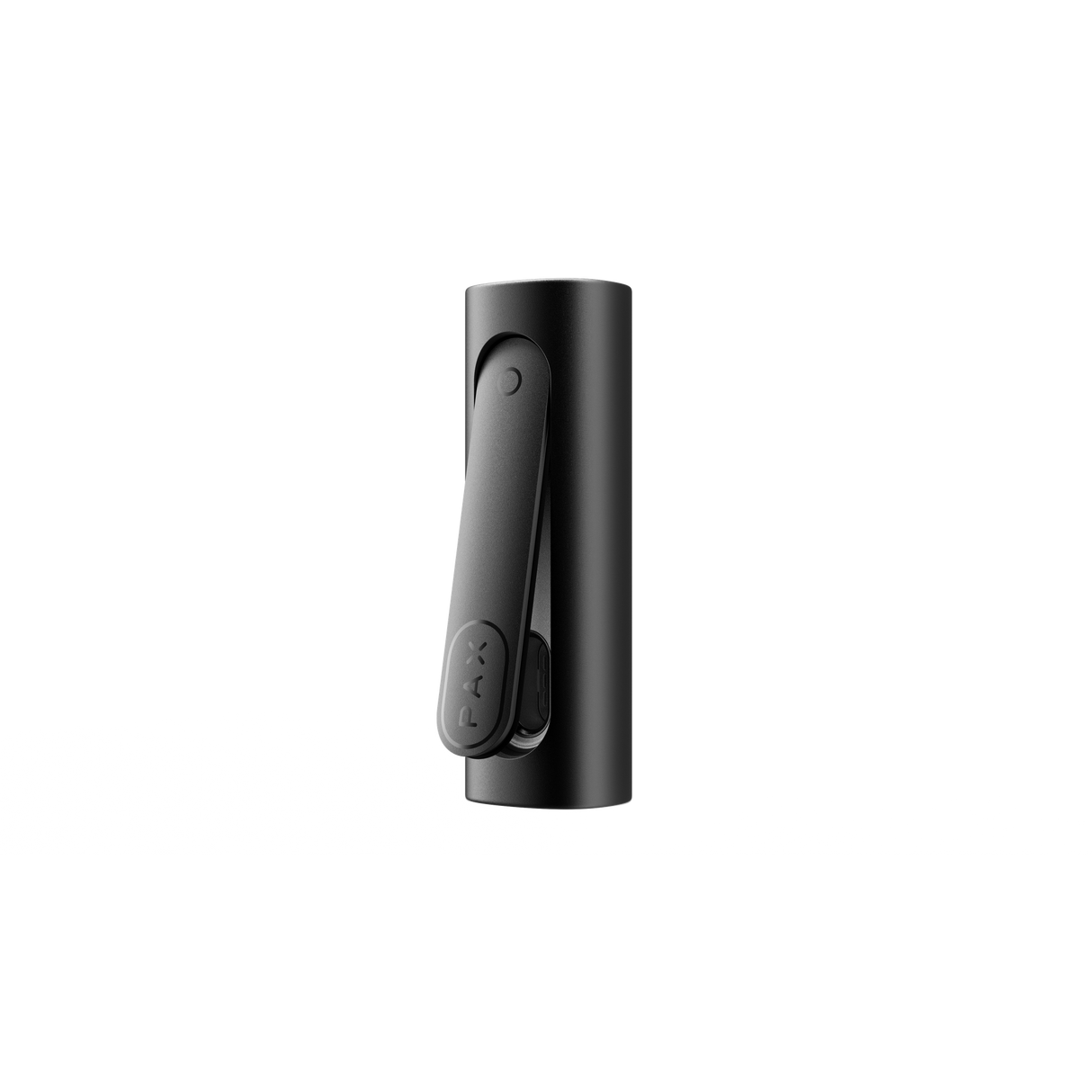 PAX FLOW black cylindrical vape-pen battery with open spring-loaded clip, designed for dry herb vaping, showcasing its sleek design and advanced functionality.