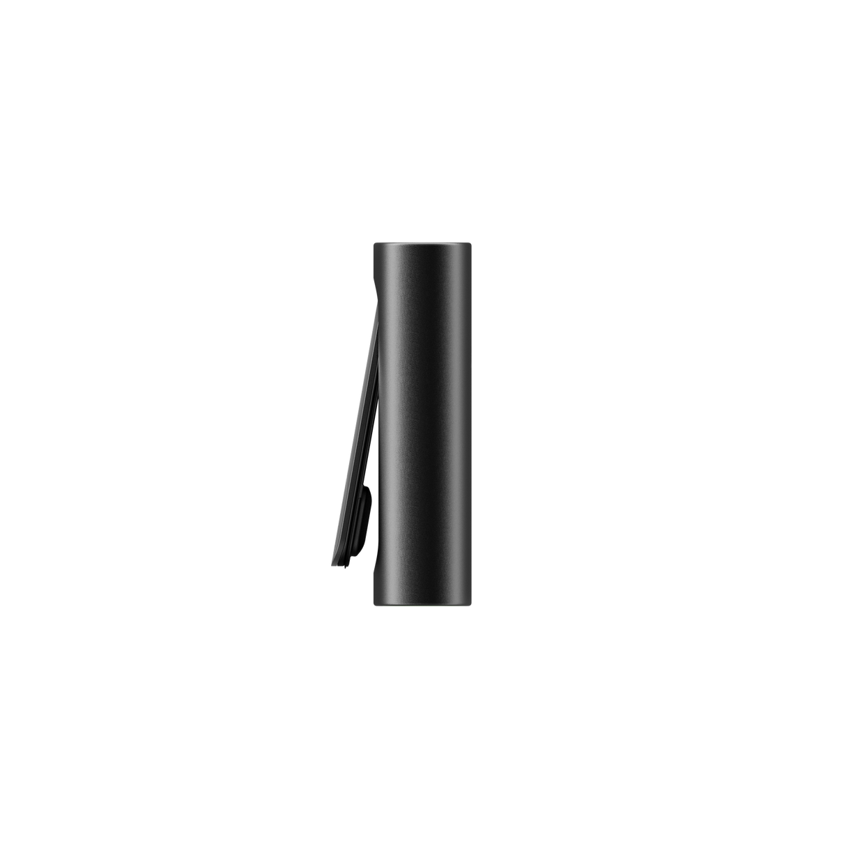 Side-profile of the PAX FLOW, a slim, matte-black dry herb vaporizer with a spring-steel clip, showcasing its portable, pocket-friendly design.