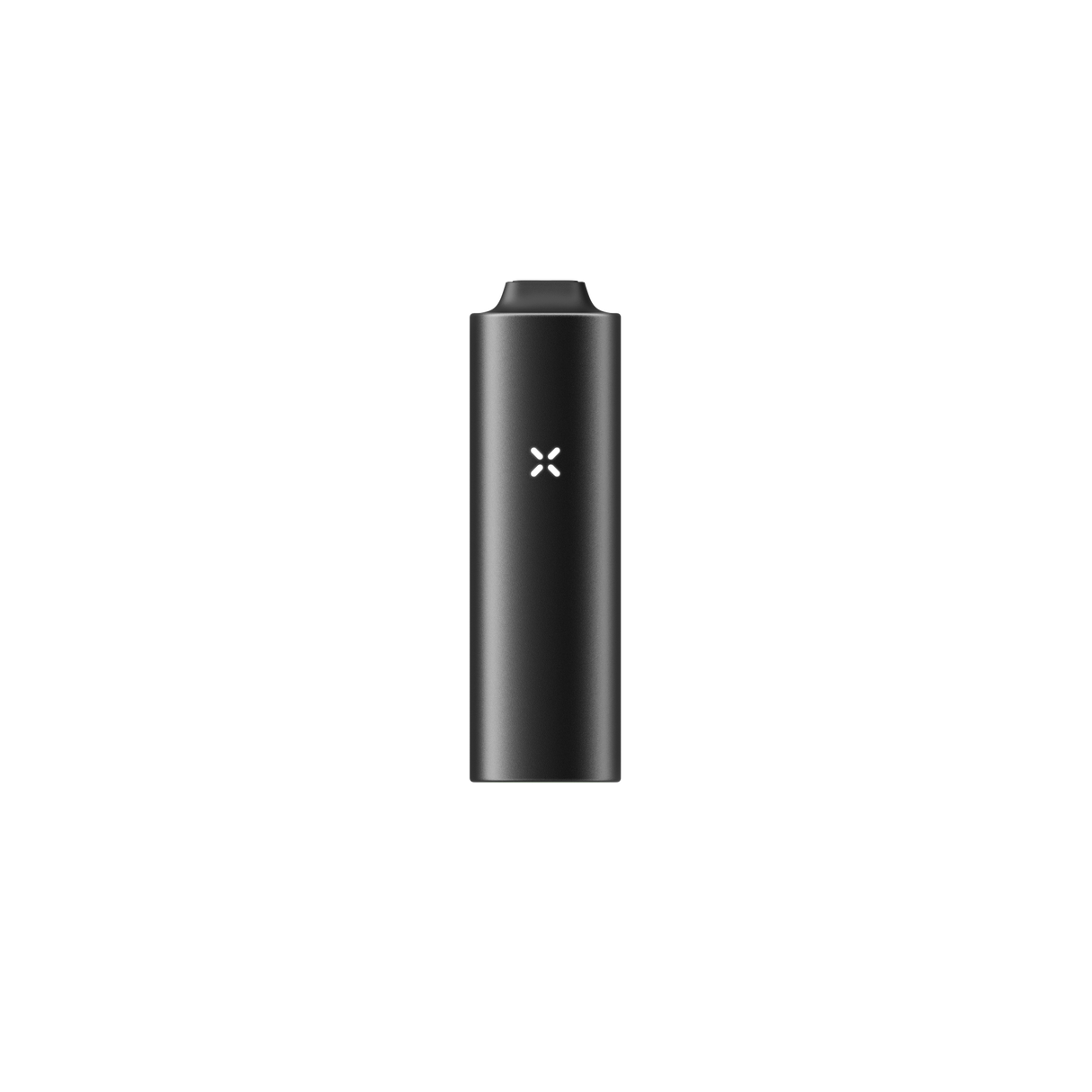 PAX FLOW vaporizer, matte-black cylindrical design with white X LED indicator, features a tapered mouthpiece, showcasing its advanced dry herb vaping technology.