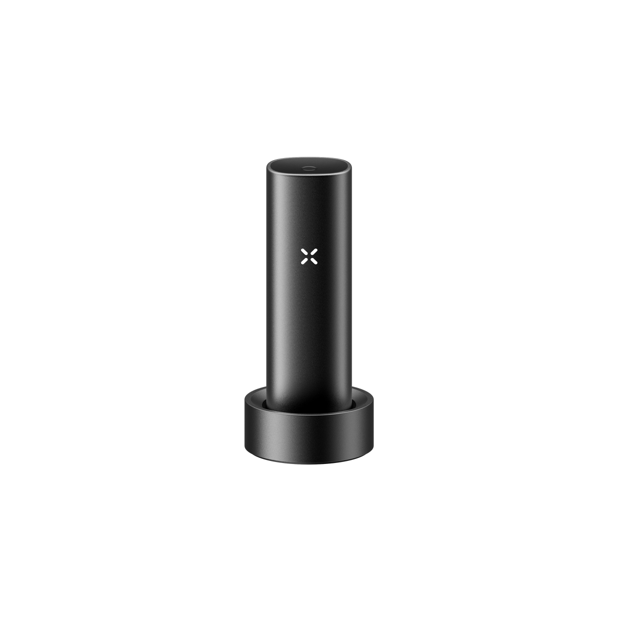 PAX FLOW vaporizer in charging cradle with visible PAX logo, showcasing its sleek, portable design and advanced technology for dry herb vaping.