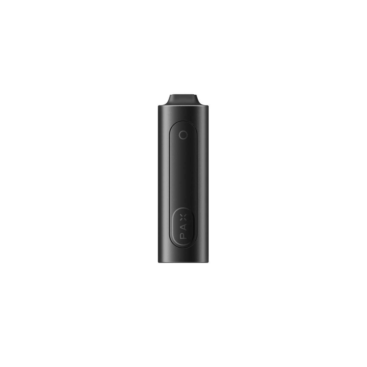 PAX FLOW handheld vaporizer, matte-black, pill-shaped with mouthpiece, LED button, and logo. Advanced design with powerful draw and hybrid heating for smooth vapor.