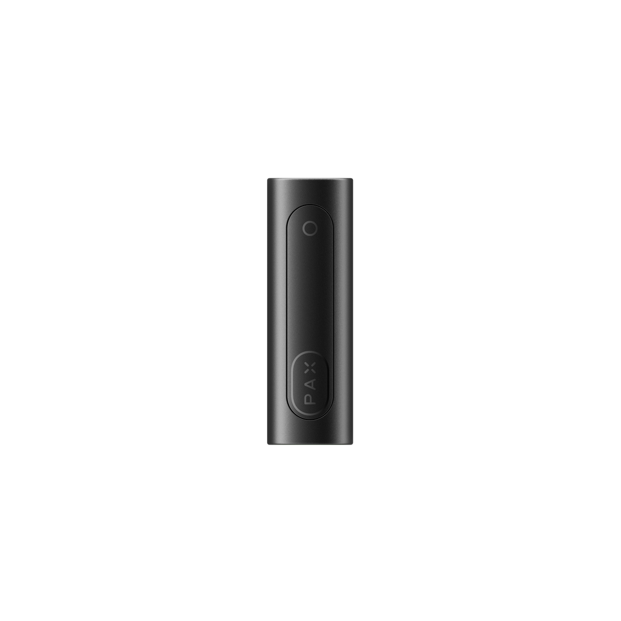 PAX FLOW black portable vaporizer battery with pill-shaped design, circular LED button, and oval logo button, highlighting advanced dry herb vaporization technology.