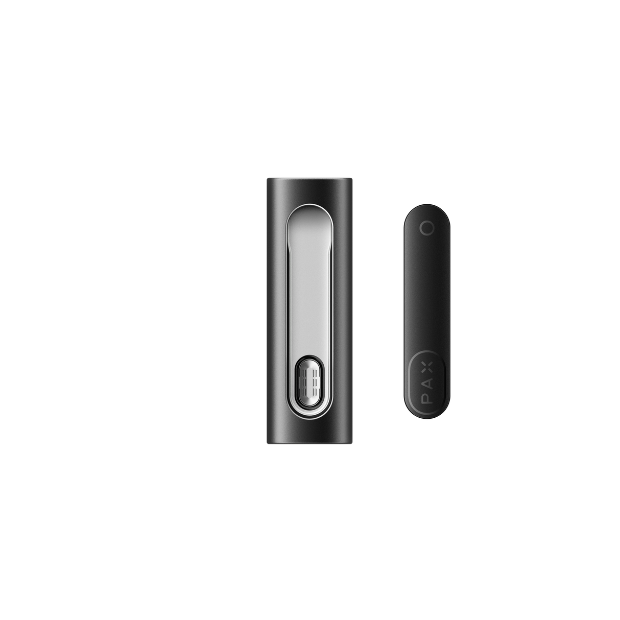 PAX FLOW components: Left, charging dock with sliding door; right, slim battery/pod unit with LED, showcasing PAX's advanced vaporizer design and functionality.